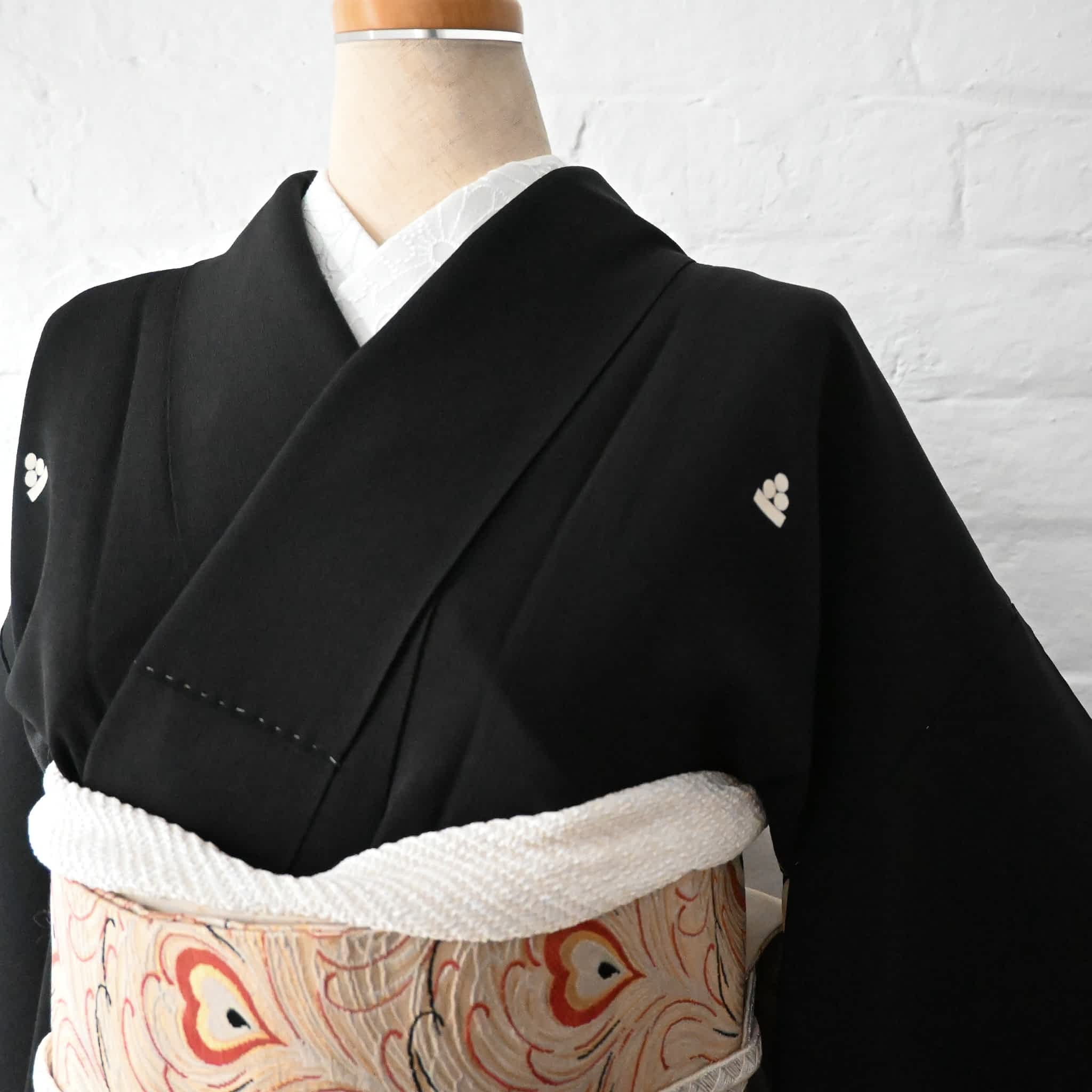 Vintage hotsell kimono - Black tomesode, Temple on the cliff, waterfall, sea and ship, Yuzen,Embroidery, Five crests of hawk feather, Wedding kimono